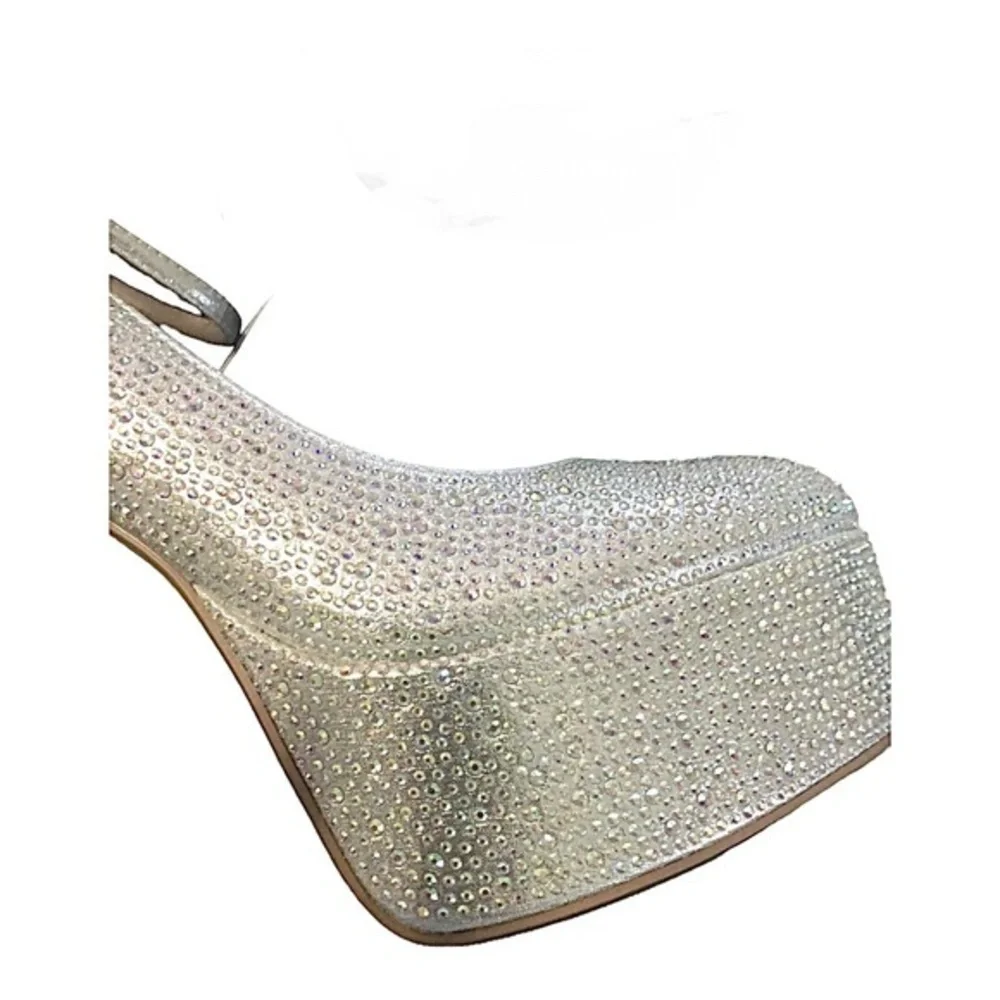 Rhinestone crystal valentino tan-go style closed toe anklestrap‎ platforms sz 10
